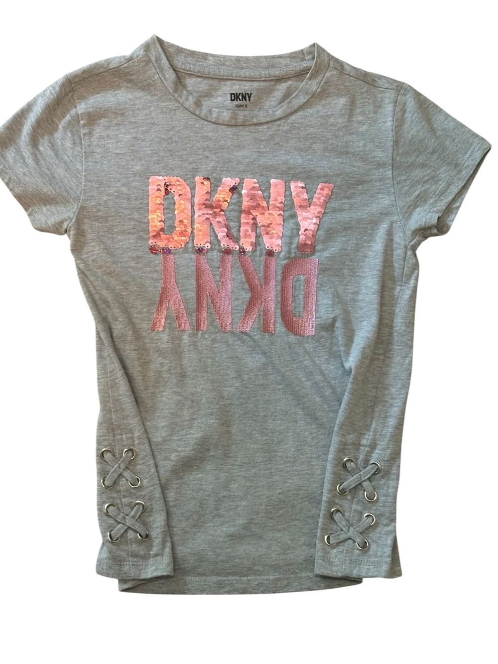 DKNY Gray Tee with Pink Sequin Logo and Lace-Up Cuff Details